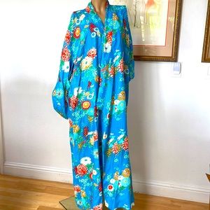Authentic Vintage Japanese Blue Flowers Cotton Blend Long Kimono Robe P XL